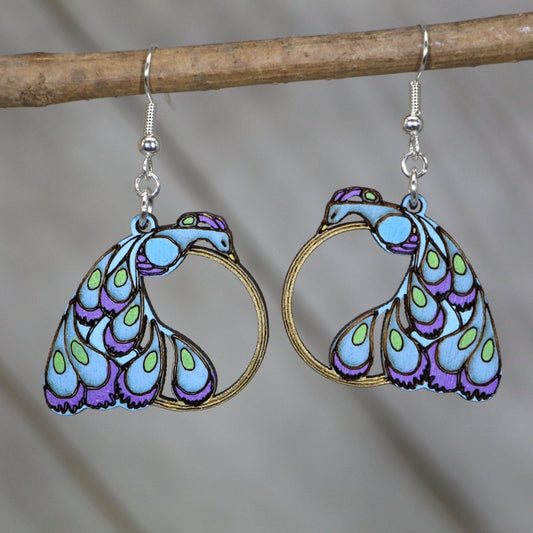 Hand-painted wooden peacock dangle earrings with boho bird and gold ring inspired design and hypoallergenic sterling silver hooks, lightweight peacock statement jewelry earrings for colorful elegant style