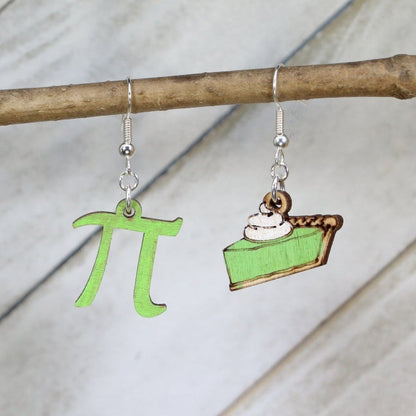 Green Hand-painted wooden pi and pie dangle earrings with math symbol and dessert design and hypoallergenic sterling silver hooks, nerdy math pun statement jewelry earrings for teachers and STEM lovers 