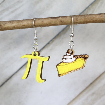 Yellow Hand-painted wooden pi and pie dangle earrings with math symbol and dessert design and hypoallergenic sterling silver hooks, nerdy math pun statement jewelry earrings for teachers and STEM lovers 