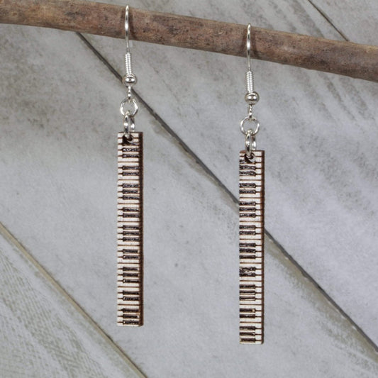 Hand-painted wooden piano keyboard dangle earrings with detailed musician instrument design and hypoallergenic sterling silver hooks, lightweight piano statement jewelry earrings for band students, pianists, and music lovers