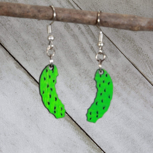 Hand-painted wooden pickle dangle earrings with quirky food lover design and hypoallergenic sterling silver hooks, lightweight pickle statement jewelry earrings for foodie humor and playful style