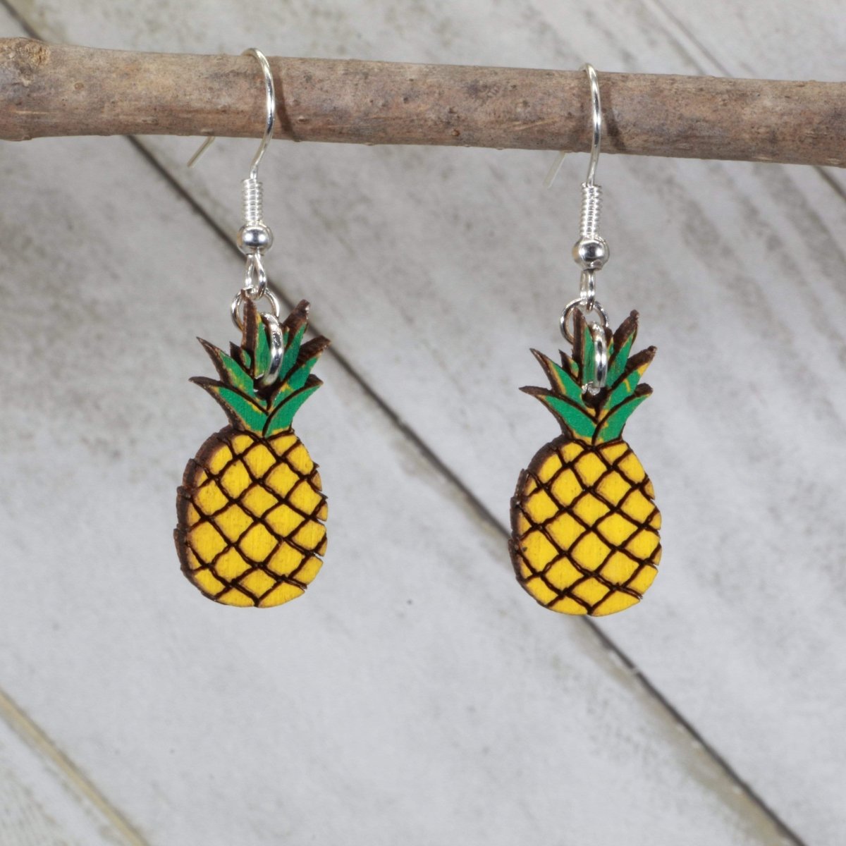 Hand-painted wooden pineapple dangle earrings with tropical fruit design and hypoallergenic sterling silver hooks, lightweight pineapple statement jewelry earrings for beach lovers and summer style 