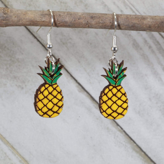 Hand-painted wooden pineapple dangle earrings with tropical fruit design and hypoallergenic sterling silver hooks, lightweight pineapple statement jewelry earrings for beach lovers and summer style 