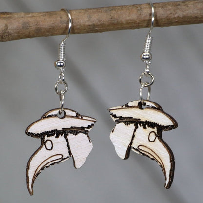 Hand-painted wooden plague doctor mask dangle earrings with gothic medieval design and hypoallergenic sterling silver hooks, lightweight plague doctor statement jewelry earrings for dark aesthetic style