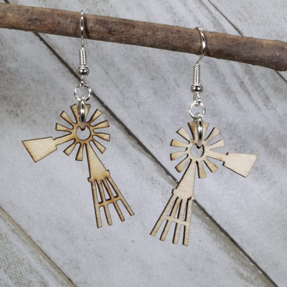 Hand-painted wooden prairie windmill dangle earrings with rustic farm country design and hypoallergenic sterling silver hooks, lightweight windmill statement jewelry earrings for farmhouse and western style