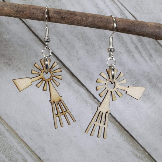 Hand-painted wooden prairie windmill dangle earrings with rustic farm country design and hypoallergenic sterling silver hooks, lightweight windmill statement jewelry earrings for farmhouse and western style