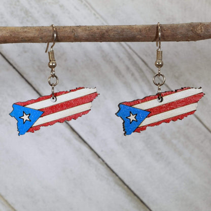 Hand-painted wooden Puerto Rico island dangle earrings with Caribbean travel design and hypoallergenic sterling silver hooks, lightweight island statement jewelry earrings for beach lovers and Puerto Rican pride