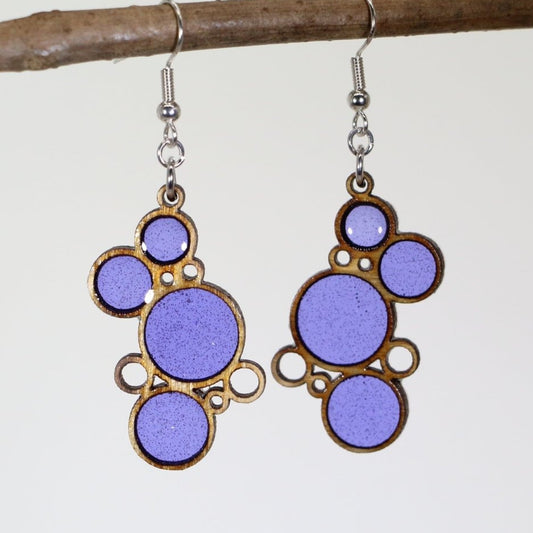 Hand-painted wooden purple circle dangle earrings with minimalist geometric design and hypoallergenic sterling silver hooks, lightweight modern statement jewelry earrings for everyday style