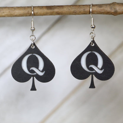 Hand-painted wooden Queen of Spades dangle earrings with bold card suit design and hypoallergenic sterling silver hooks, lightweight playing card statement jewelry earrings for poker fans and confident edgy style