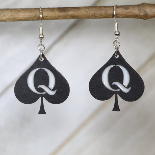 Hand-painted wooden Queen of Spades dangle earrings with bold card suit design and hypoallergenic sterling silver hooks, lightweight playing card statement jewelry earrings for poker fans and confident edgy style