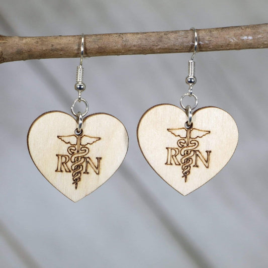 Hand-painted wooden RN nurse dangle earrings with registered nurse design and hypoallergenic sterling silver hooks, lightweight nurse statement jewelry earrings gift for healthcare workers and nurses