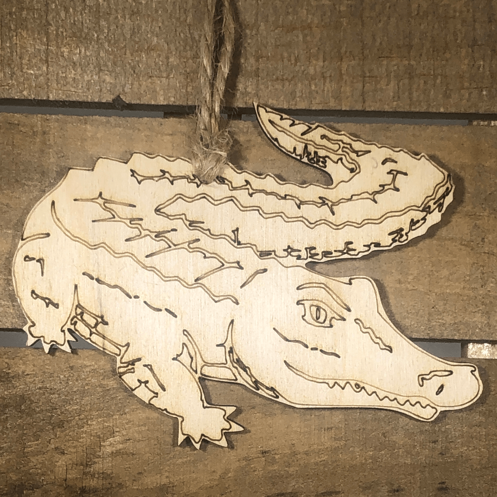 Hand-painted wooden realistic alligator Christmas ornament featuring a detailed reptile design with textured scales and lifelike silhouette, unique holiday decor for animal lovers and wildlife enthusiasts by Cate’s Concepts