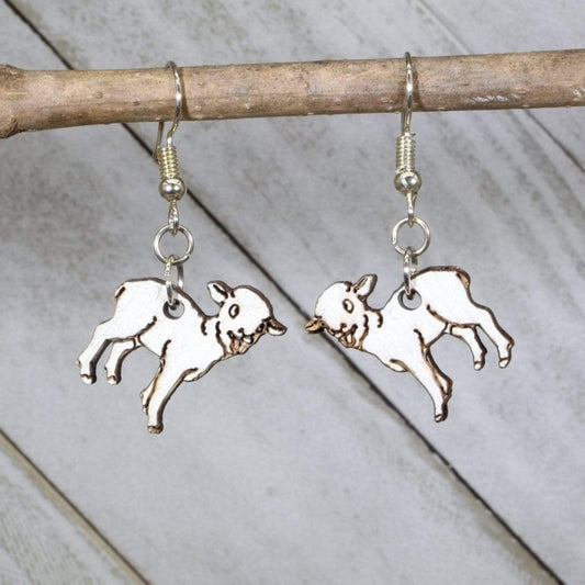 Hand-painted wooden realistic lamb dangle earrings with detailed farm animal design and hypoallergenic sterling silver hooks, lightweight lamb statement jewelry earrings for country style and animal lovers