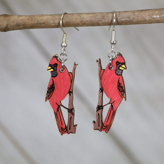 Hand-painted wooden red cardinal dangle earrings with vibrant bird design and hypoallergenic sterling silver hooks, lightweight bird lover statement jewelry earrings for nature enthusiasts
