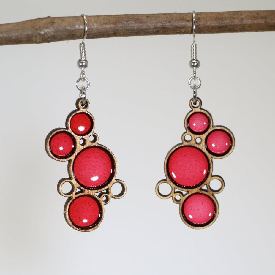 Hand-painted wooden red circle dangle earrings with minimalist geometric design and hypoallergenic sterling silver hooks, lightweight circle statement jewelry earrings for modern and everyday style