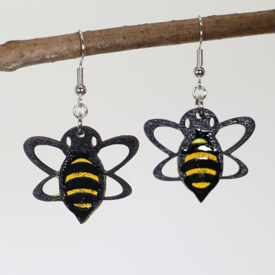 Hand-painted wooden retro bee dangle earrings with vintage insect design and hypoallergenic sterling silver hooks, lightweight bee statement jewelry earrings for nature lovers and cottagecore style