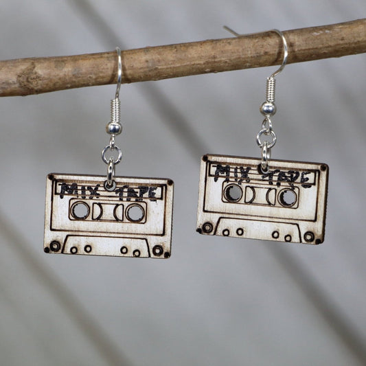 Hand-painted wooden retro cassette tape dangle earrings with vintage music design and hypoallergenic sterling silver hooks, lightweight cassette statement jewelry earrings for 80s nostalgia and retro style