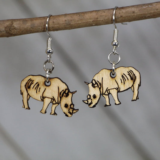 Hand-painted wooden rhino dangle earrings with detailed safari animal design and hypoallergenic sterling silver hooks, lightweight rhinoceros statement jewelry earrings for wildlife lovers and adventurous style 