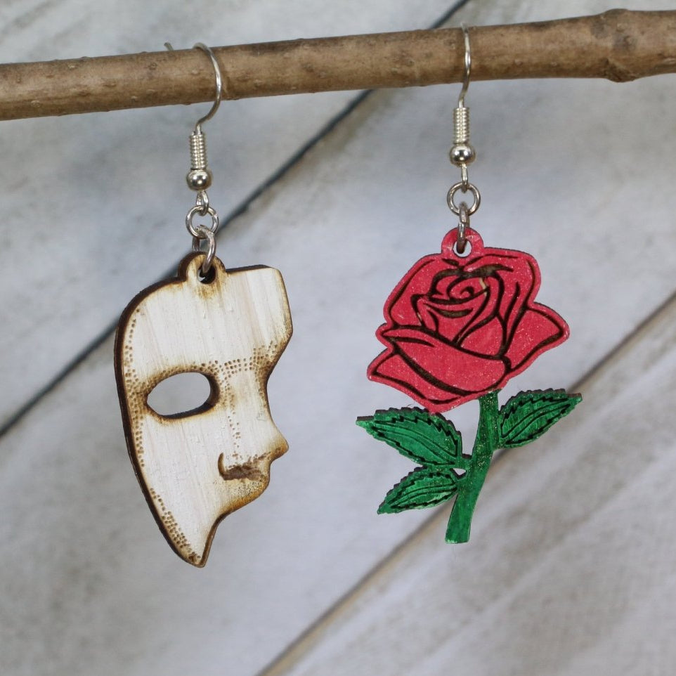 Hand-painted wooden rose and theater mask dangle earrings with dramatic stage design and hypoallergenic sterling silver hooks, elegant theater jewelry earrings for drama lovers and performers