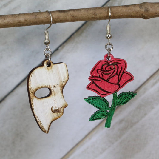 Hand-painted wooden rose and theater mask dangle earrings with dramatic stage design and hypoallergenic sterling silver hooks, elegant theater jewelry earrings for drama lovers and performers