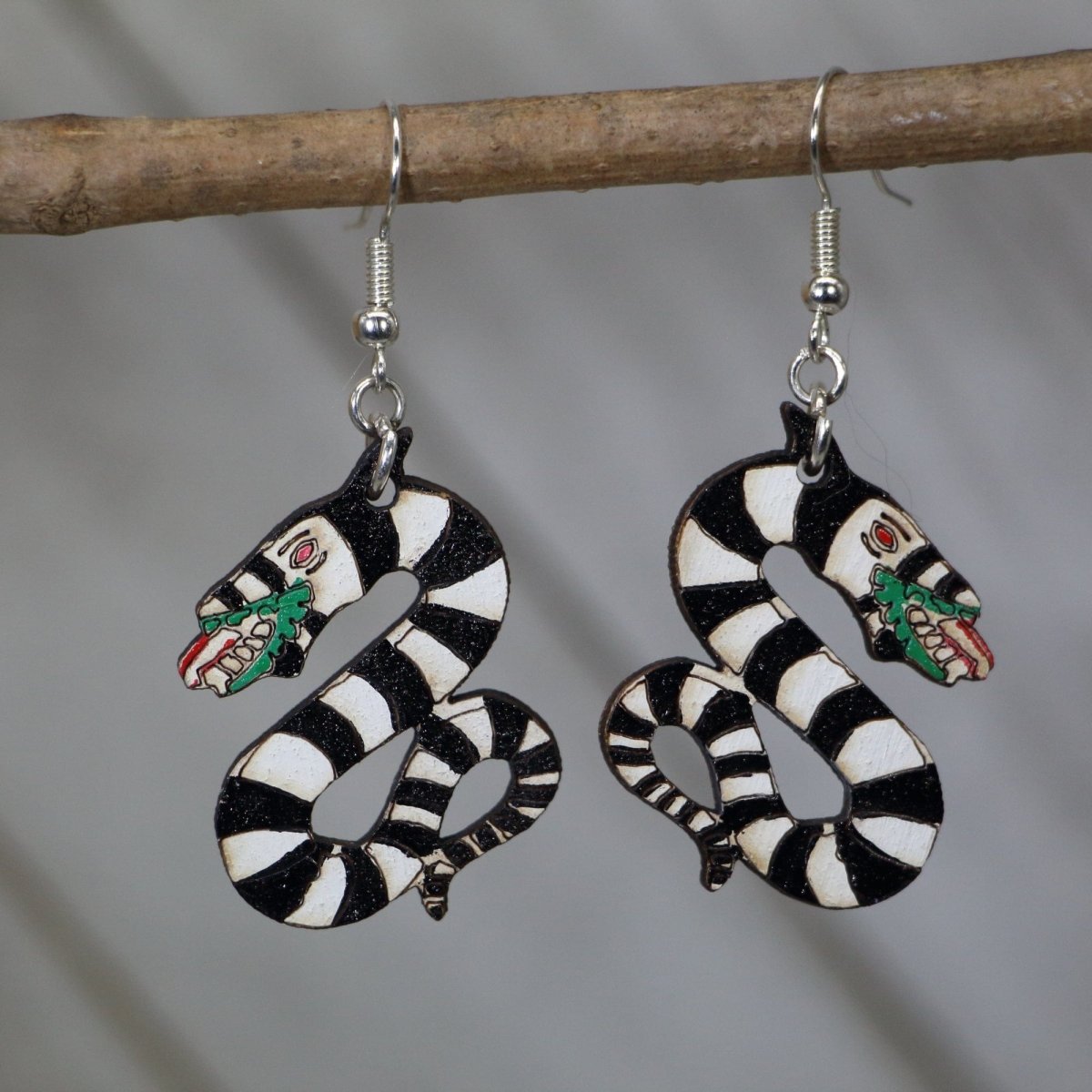 Hand-painted wooden sandworm dangle earrings with sci-fi desert creature design and hypoallergenic sterling silver hooks, lightweight sandworm statement jewelry earrings for fantasy and geek fans