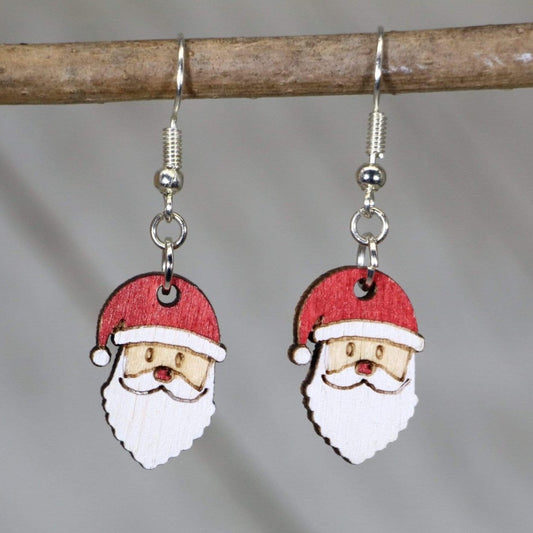 Hand-painted wooden Santa Claus dangle earrings with festive Christmas holiday design and hypoallergenic sterling silver hooks, lightweight Santa statement jewelry earrings for winter and holiday style