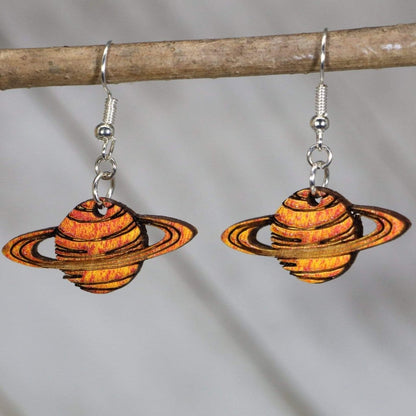 Hand-painted wooden Saturn planet dangle earrings with ringed space design and hypoallergenic sterling silver hooks, lightweight Saturn statement jewelry earrings for astronomy lovers and cosmic style