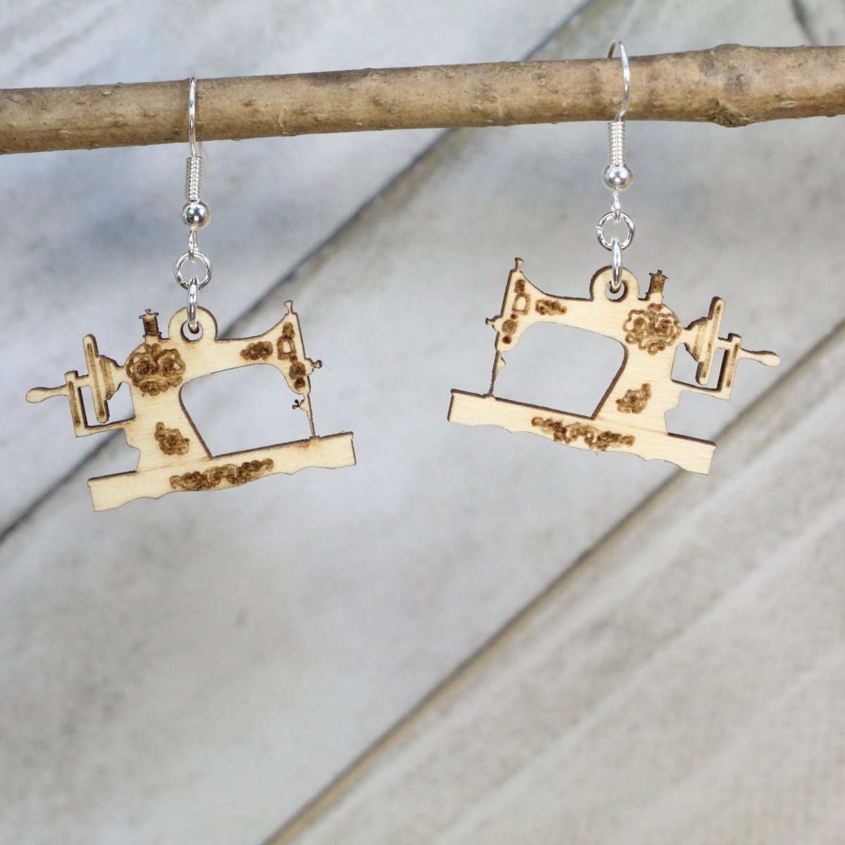 Hand-painted wooden sewing machine dangle earrings with vintage craft design and hypoallergenic sterling silver hooks, sewing lover statement jewelry for quilters, crafters, and makers