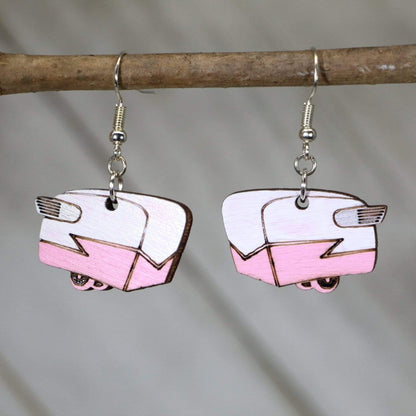 Hand-painted wooden Pink Shasta camper dangle earrings with vintage trailer design and hypoallergenic sterling silver hooks, lightweight retro camper jewelry earrings for RV lovers and road trip fans