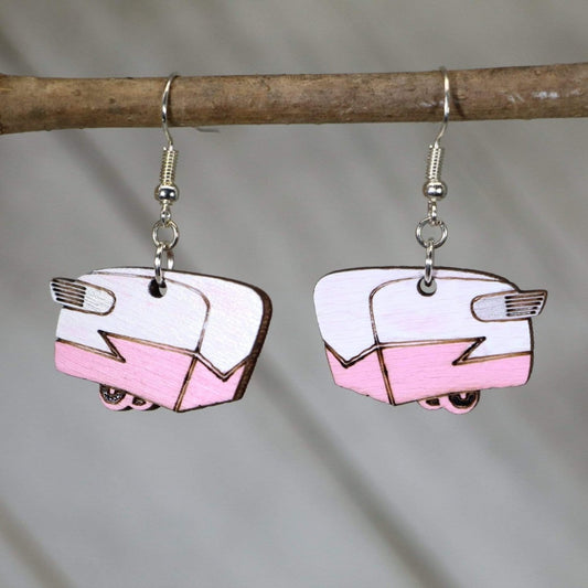 Hand-painted wooden Pink Shasta camper dangle earrings with vintage trailer design and hypoallergenic sterling silver hooks, lightweight retro camper jewelry earrings for RV lovers and road trip fans