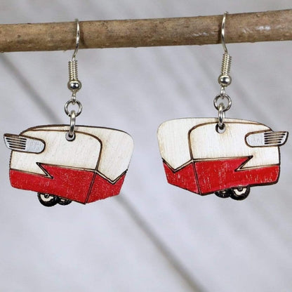 Hand-painted wooden Shasta camper dangle earrings with retro travel trailer design and hypoallergenic sterling silver hooks, lightweight camper statement jewelry earrings for road trip lovers and vintage adventure style