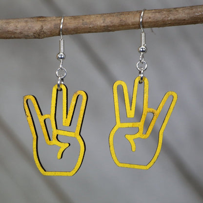 Hand-painted wooden shocker hand dangle earrings with cheeky adult humor design and hypoallergenic sterling silver hooks, lightweight novelty statement jewelry earrings for edgy and playful style yellow