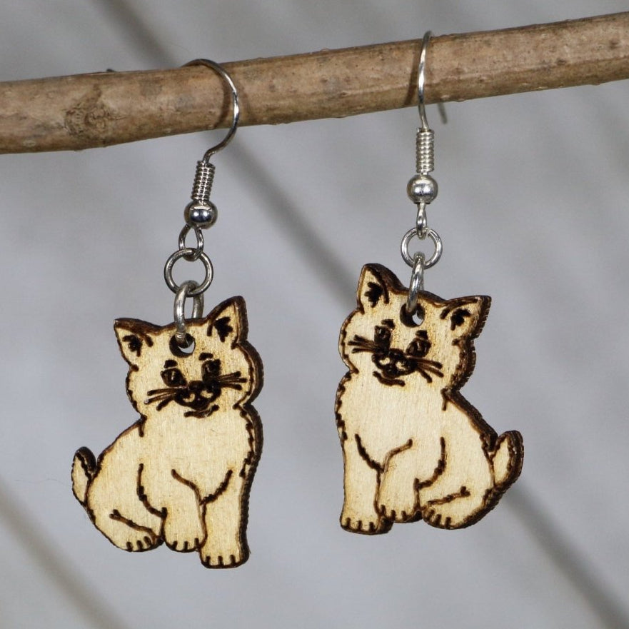 Hand-painted wooden sitting kitten dangle earrings with adorable cat design and hypoallergenic sterling silver hooks, lightweight kitten statement jewelry earrings for feline lovers and playful everyday style