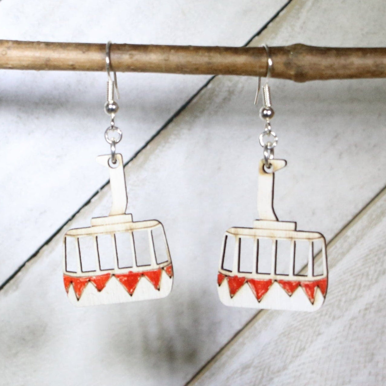 Hand-painted wooden sky tram dangle earrings with mountain scenic travel design and hypoallergenic sterling silver hooks, lightweight tram statement jewelry earrings for adventure lovers and travel style 🚡✨