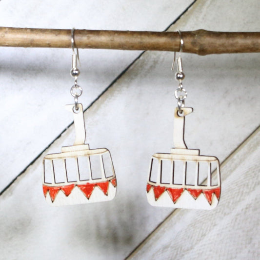 Hand-painted wooden sky tram dangle earrings with mountain scenic travel design and hypoallergenic sterling silver hooks, lightweight tram statement jewelry earrings for adventure lovers and travel style 🚡✨