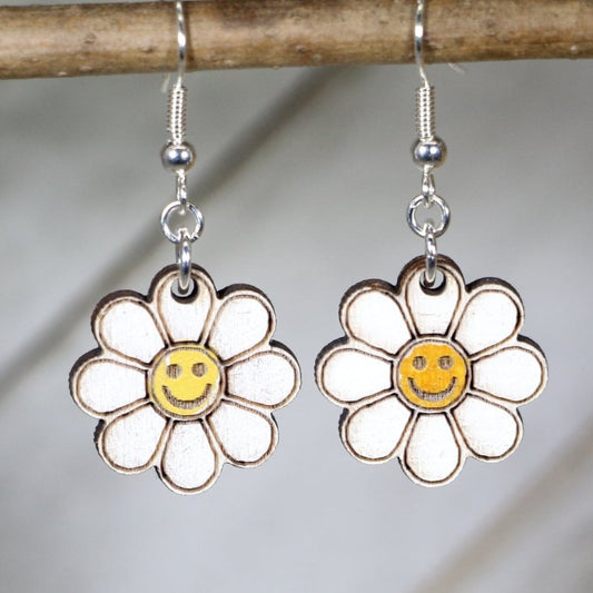 Hand-painted wooden smiley daisy dangle earrings with retro flower happy face design and hypoallergenic sterling silver hooks, lightweight daisy statement jewelry earrings for groovy fun and playful style