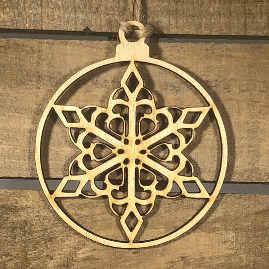 Hand-painted wooden snowflake circle Christmas ornament with intricate winter design and lightweight festive decor, elegant holiday tree decoration gift for seasonal and winter lovers