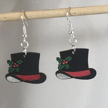 Hand-painted wooden snowman top hat dangle earrings with festive Christmas design and hypoallergenic sterling silver hooks, lightweight snowman statement jewelry earrings for winter holiday style