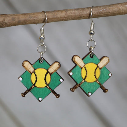 Hand-painted wooden softball diamond dangle earrings with classic field design and hypoallergenic sterling silver hooks, lightweight softball statement jewelry earrings for players, fans, and softball moms
