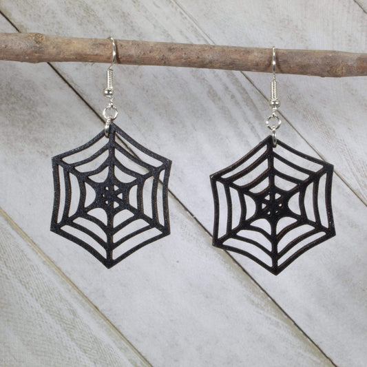 Hand-painted wooden spider web dangle earrings with spooky Halloween design and hypoallergenic sterling silver hooks, lightweight gothic statement jewelry earrings for creepy seasonal style