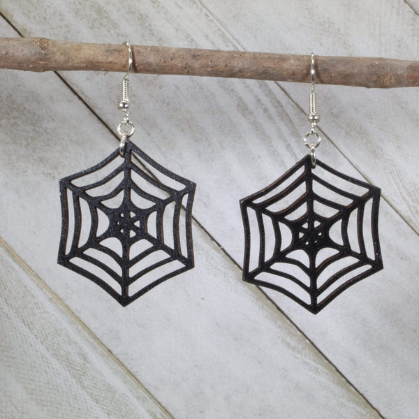 Spider Web Wooden Dangle Earrings | Halloween Spooky Jewelry