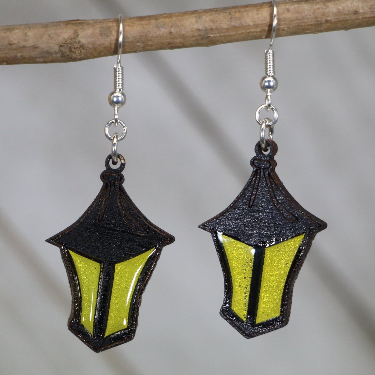 Hand-painted wooden spooky lantern dangle earrings with Halloween pumpkin lantern design and hypoallergenic sterling silver hooks, lightweight spooky statement jewelry earrings for haunted season and fall festival style