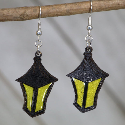 Hand-painted wooden spooky lantern dangle earrings with Halloween pumpkin lantern design and hypoallergenic sterling silver hooks, lightweight spooky statement jewelry earrings for haunted season and fall festival style
