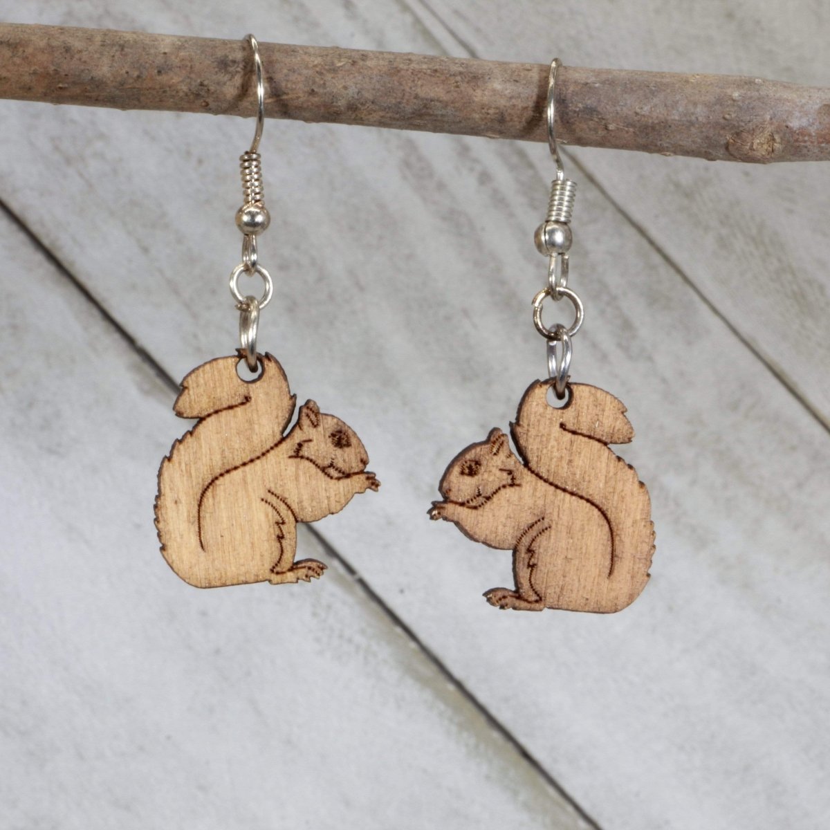 Hand-painted wooden squirrel dangle earrings with cute woodland animal design and hypoallergenic sterling silver hooks, lightweight squirrel statement jewelry earrings for forest lovers and playful style 