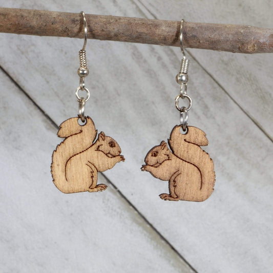 Hand-painted wooden squirrel dangle earrings with cute woodland animal design and hypoallergenic sterling silver hooks, lightweight squirrel statement jewelry earrings for forest lovers and playful style 