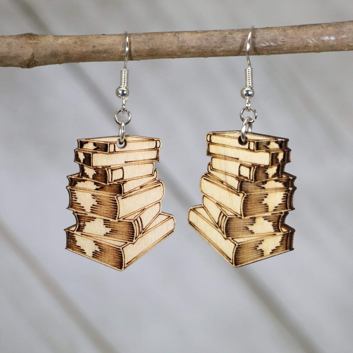 Hand-painted wooden stack of books dangle earrings with literary design and hypoallergenic sterling silver hooks, lightweight book lover statement jewelry earrings for readers, teachers, and library style 
