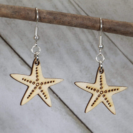 Hand-painted wooden starfish dangle earrings with coastal ocean design and hypoallergenic sterling silver hooks, lightweight starfish statement jewelry earrings for beach lovers and seaside style 