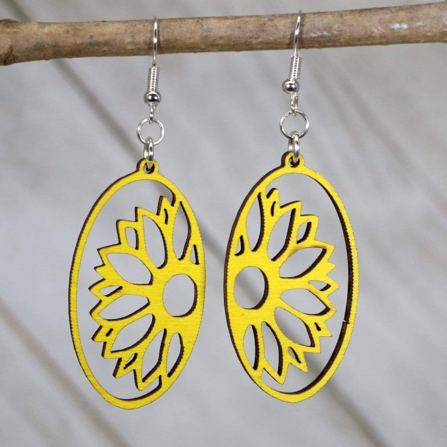 Hand-painted wooden sunflower cutout dangle earrings with detailed floral nature design and hypoallergenic sterling silver hooks, lightweight sunflower statement jewelry earrings for nature lovers and boho style