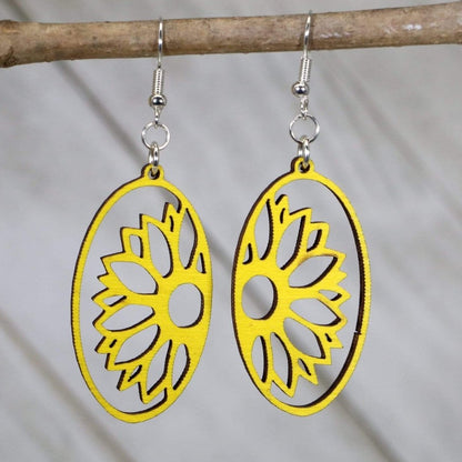 Hand-painted wooden sunflower cutout dangle earrings with detailed floral nature design and hypoallergenic sterling silver hooks, lightweight sunflower statement jewelry earrings for nature lovers and boho style