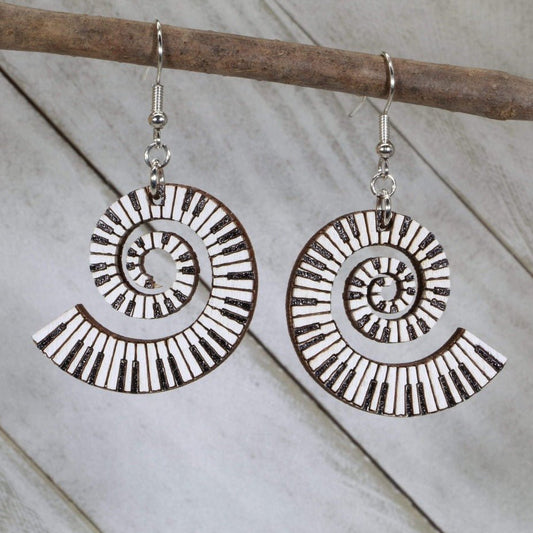 Hand-painted wooden swirl piano keyboard dangle earrings with flowing music design and hypoallergenic sterling silver hooks, lightweight piano statement jewelry earrings for musicians and music lovers 